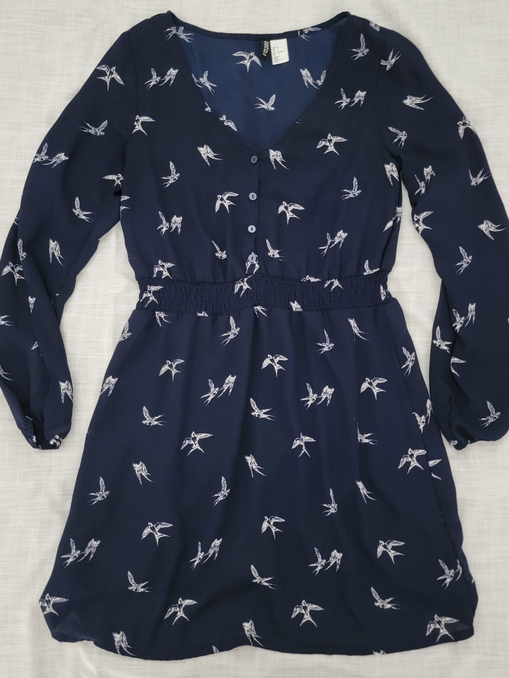 H&M Navy Blue Bird Print Long-Sleeve Casual Dress